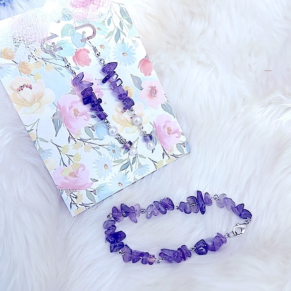 🪻Lovely Crafted w/Natural Stunning Amethyst Gems Bracelet+Earrings Semi-Precious - Picture 6 of 16